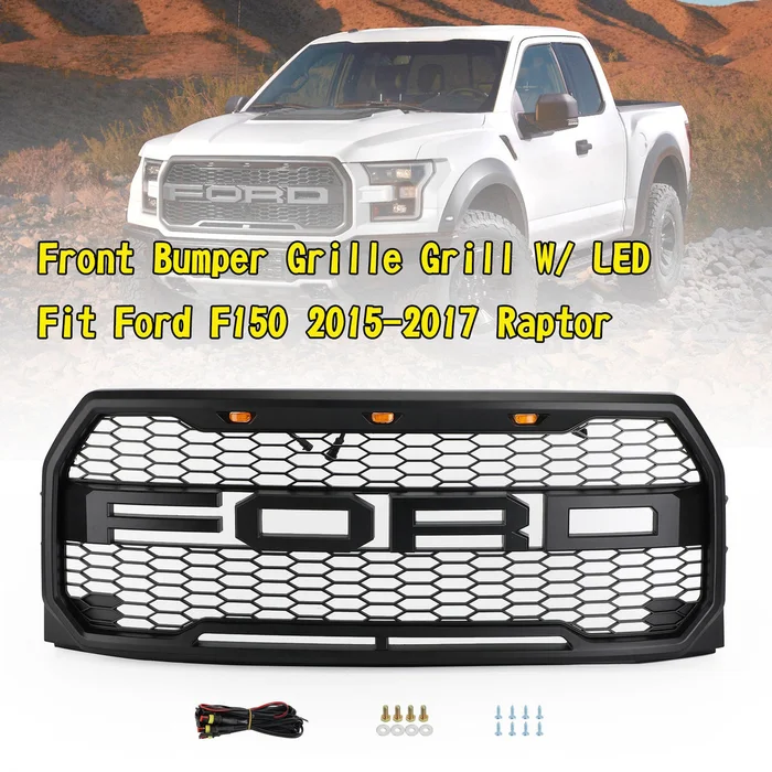 2015-2017 F150 Ford Raptor Style Black Front Bumper Grill W/ LED Grille Replacement