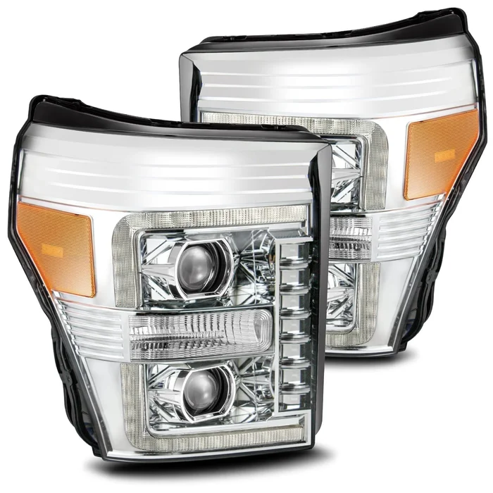 AlphaRex 11-16 Ford SuperDuty PRO-Series Projector Headlights Plank Style Design Chrome w/ Sequential Signal Light – 880141