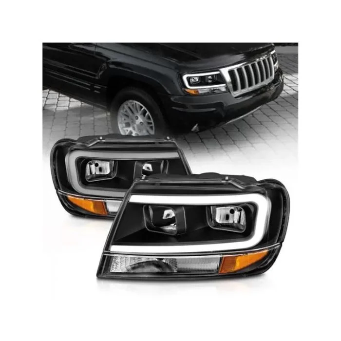 ANZO 99-04 Jeep Grand Cherokee Crystal Headlights – w/ Light Bar Black Housing – 111537
