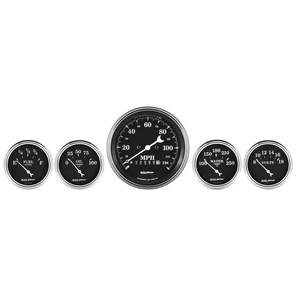 Auto Meter Gauge Kit 5 pc. 3 3/8in & 2 1/16in Elec. Speedometer Old Tyme Black – 1740