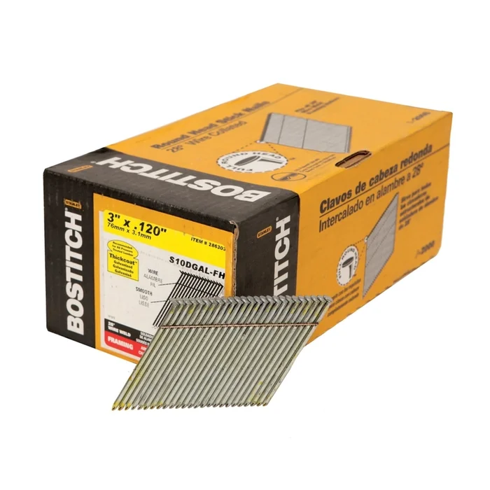 Bostitch – S10DGAL-FH – 3 in. L X 11 Ga. Angled Strip Galvanized Framing Nails 28 deg 2000 pk