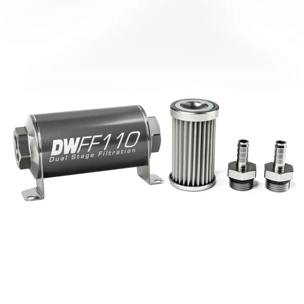 DeatschWerks Stainless Steel 3/8in 5 Micron Universal Inline Fuel Filter Housing Kit (110mm) – 8-03-110-005K-38
