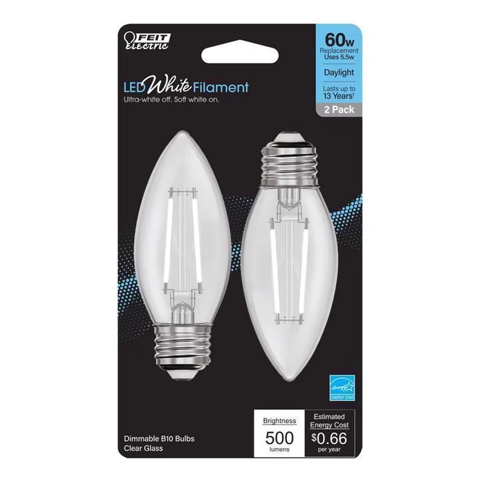 Feit – BPETC60950WFIL2 – White Filament B10 E26 (Medium) Filament LED Bulb Daylight 60 Watt Equivalence 2 pk