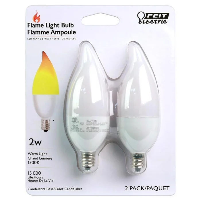 Feit – BPFLAME/C/LED/2 – LED CA10 (Flame Tip) E12 (Candelabra) LED Flame Bulb Warm White 2 Watt Equivalence 2 pk