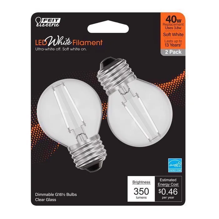 Feit – BPGM40927WFIL2 – White Filament G16.5 E26 (Medium) Filament LED Bulb Soft White 40 Watt Equivalence 2 pk