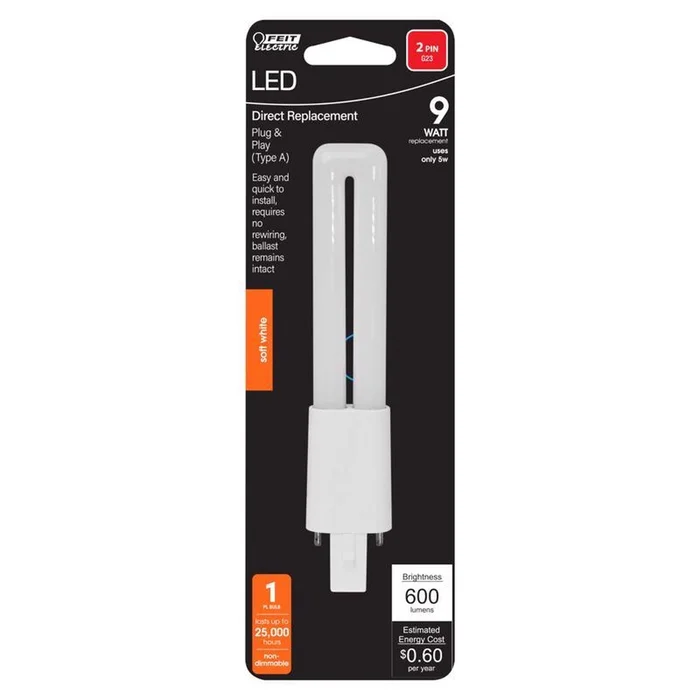 Feit – BPPL9827LDG2HDR – LED Linear PL G23 LED Tube Light Soft White 9 Watt Equivalence 1 pk
