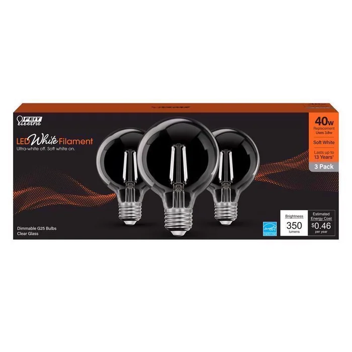 Feit – G2540927CAWFIL3 – White Filament G25 E26 (Medium) Filament LED Bulb Soft White 40 Watt Equivalence 3 pk