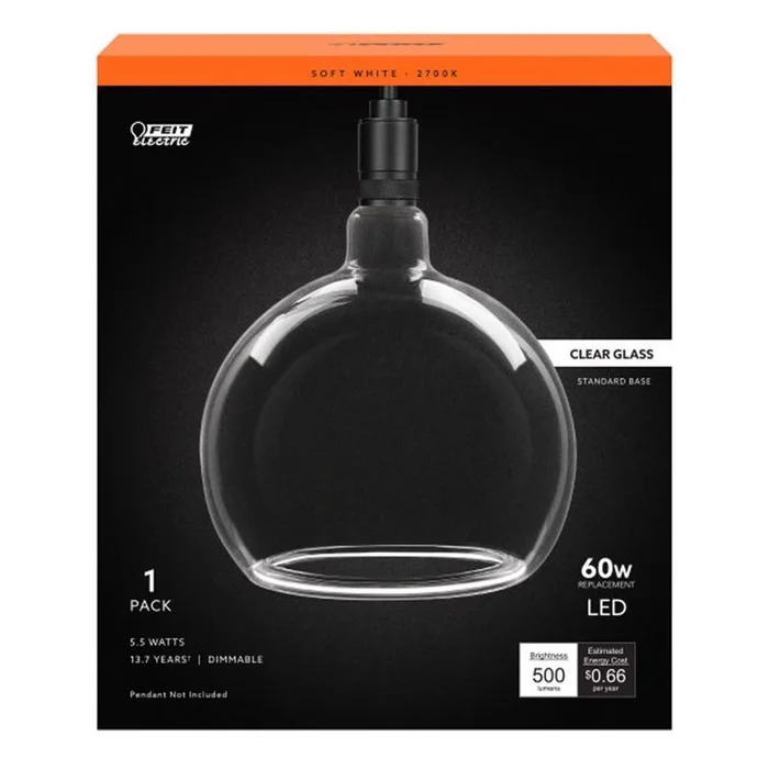 Feit – RNDCL927CAWFIL – G63 E26 (Medium) Filament LED Bulb Soft White 60 Watt Equivalence 1 pk