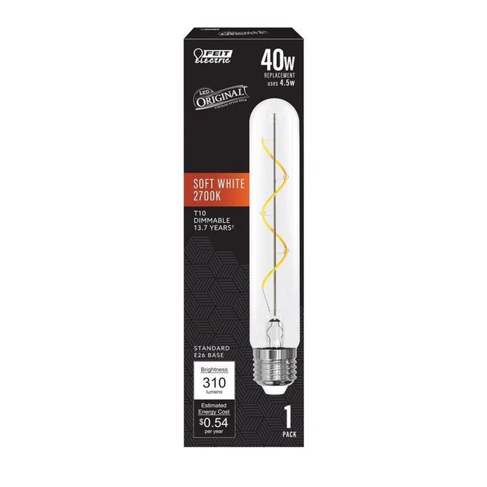 Feit – T10L/S/CL/927CA – T10 E26 (Medium) Filament LED Bulb Soft White 40 Watt Equivalence 1 pk