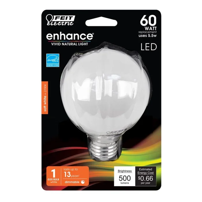 Feit Electric – BPG2560W927CAFL – Enhance G25 E26 (Medium) LED Bulb Soft White 60 W 1 pk