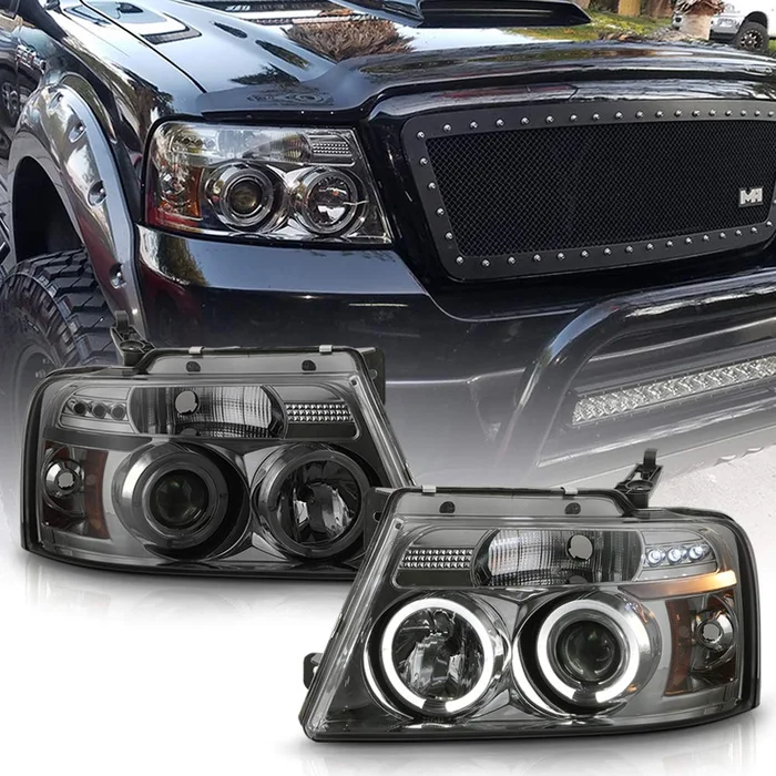 For 2004-2008 Ford F150 LED Dual Halo Ring Smoked Lens Projector Headlights Headlamps, Driver & Passenger Side