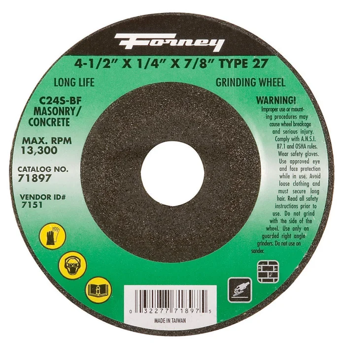 Forney – 71897 – 4-1/2 in. D X 1/4 in. thick T X 7/8 in. in. S Masonry Grinding Wheel 1 pc
