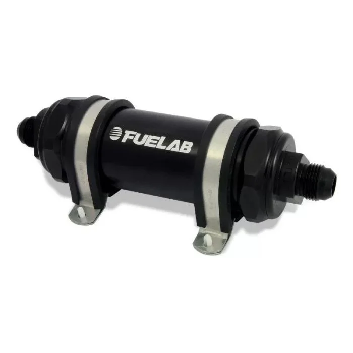 Fuelab 828 In-Line Fuel Filter Long -6AN In/Out 6 Micron Fiberglass – Black – 82831-1