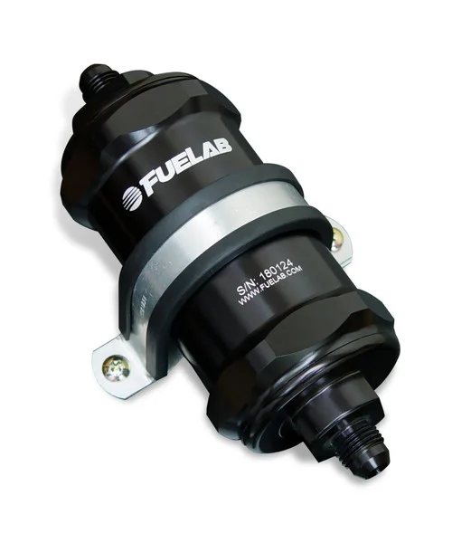 Fuelab 848 In-Line Fuel Filter Standard -12AN In/-8AN Out 6 Micron Fiberglass w/Check Valve – Black – 84830-1-12-8