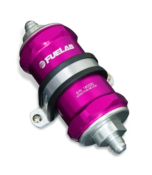 Fuelab 848 In-Line Fuel Filter Standard -6AN In/-8AN Out 100 Micron Stainless w/Check Valve – Purple – 84820-4-6-8