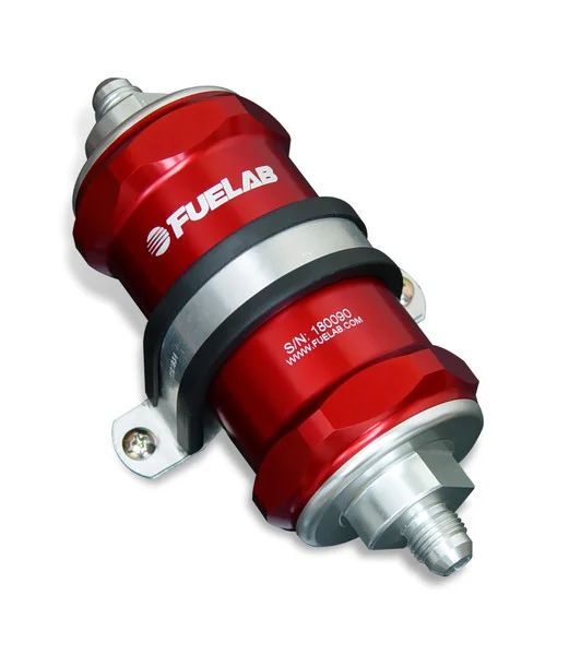 Fuelab 848 In-Line Fuel Filter Standard -6AN In/-8AN Out 6 Micron Fiberglass w/Check Valve – Red – 84830-2-6-8