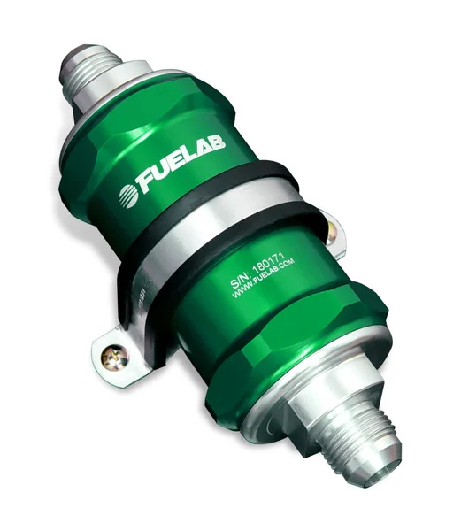 Fuelab 848 In-Line Fuel Filter Standard -6AN In/Out 100 Micron Stainless w/Check Valve – Green – 84821-6