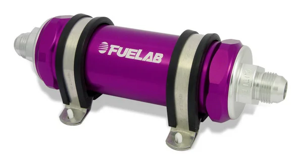 Fuelab 858 In-Line Fuel Filter Long -10AN In/Out 6 Micron Fiberglass w/Check Valve – Purple – 85832-4