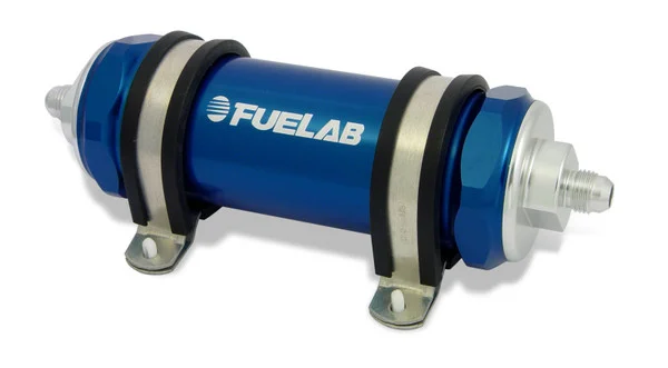 Fuelab 858 In-Line Fuel Filter Long -12AN In/-10AN Out 100 Micron Stainless w/Check Valve – Blue – 85820-3-12-10