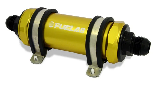 Fuelab 858 In-Line Fuel Filter Long -12AN In/-8AN Out 100 Micron Stainless w/Check Valve – Gold – 85820-5-12-8