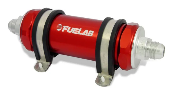 Fuelab 858 In-Line Fuel Filter Long -12AN In/-8AN Out 6 Micron Fiberglass w/Check Valve – Red – 85830-2-12-8