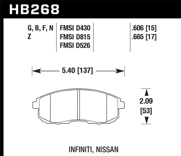Hawk 03-04 G35/03-05 G35X/ 02-05 350z w/o Brembo HP+ Street Front Brake Pads – HB268N.665