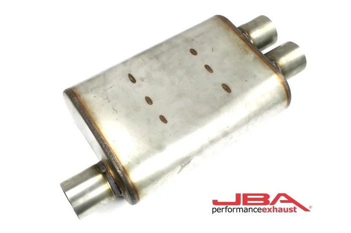 JBA Universal Chambered Style 304SS Muffler 13×9.75×4 2.5in Inlet Diameter Offset/2.5 Dual Outlet