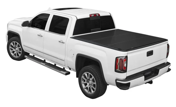 LOMAX Hard Tri-Fold Cover For Chevy/GMC Silverado/Sierra 2500/3500, Standard Bed, Matte Black Finish, Split Rail – B1020099