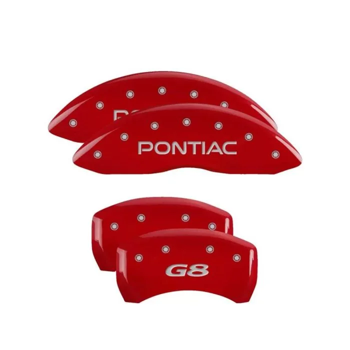 MGP 4 Caliper Covers Engraved Front Pontiac Engraved Rear G8 Red finish silver ch – 18011SPG8RD
