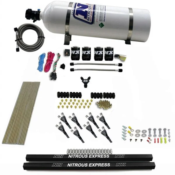 Nitrous Express Pro-Shk/Gas 4 Solenoids Nitrous Kit (200-600HP) w/Rails and 15lb Bottle – 91006-15