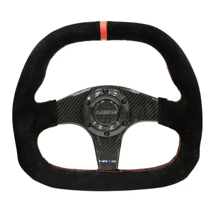 NRG Carbon Fiber Steering Wheel (320mm) Flat Btm. Blk Suede/Red Stitch w/CF Spokes & Red Center Mark – ST-019CF