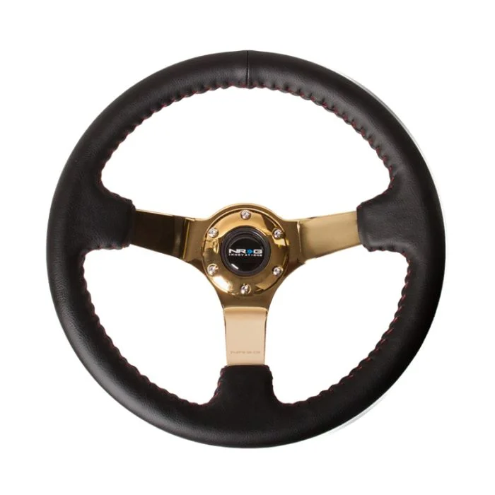 NRG Reinforced Steering Wheel (350mm / 3in. Deep) Blk Leather/Red BBall Stitch w/4mm Gold Spokes – RST-036GD