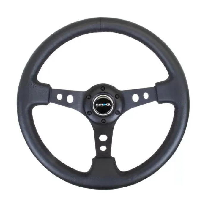 NRG Reinforced Steering Wheel (350mm / 3in. Deep) Blk Leather w/Blk Spoke & Circle Cutouts – RST-006BK