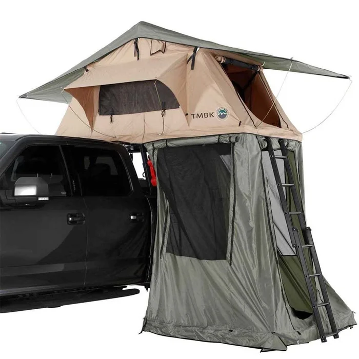 Overland Vehicle Systems LD TMBK 3 Roof Top Tent With Annex Tan Base With Green Rain Fly Black Aluminum Base, Black Ladder – 18119733
