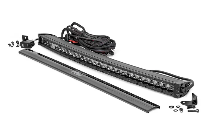 Rough Country Black Series LED Light Bar, 30 in., Curved, Single Row, w/ White DRL – 72730BLDRL