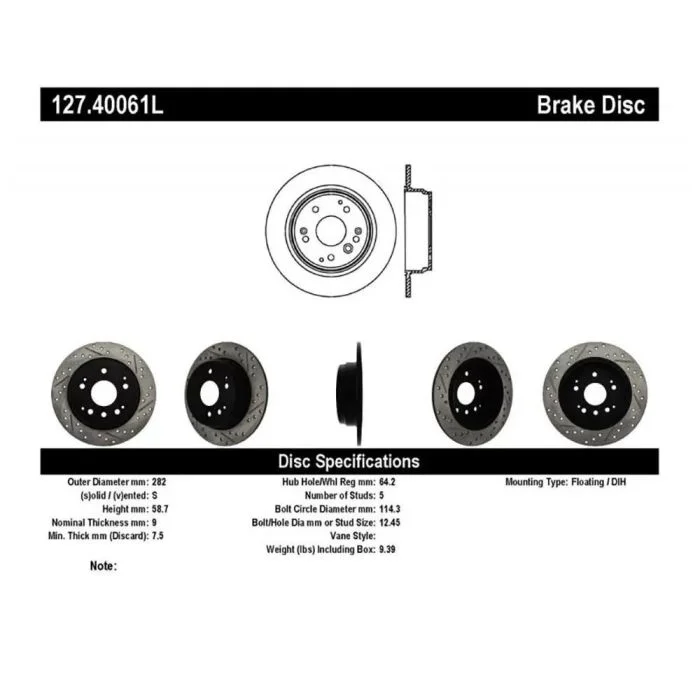 StopTech 04-08 Acura TL / 03-09 honda Element Slotted & Drilled Left Rear Rotor – 127.40061L
